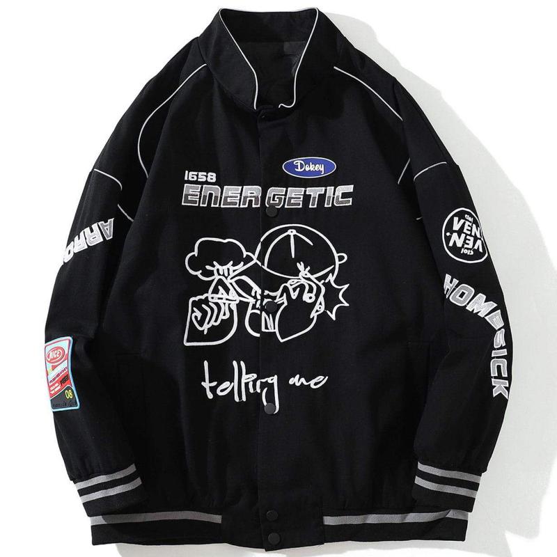 

Men' Jackets Streetwear Energetic Jacket With Reflective Strips Coat Men Autumn Cotton Button Tops, Black