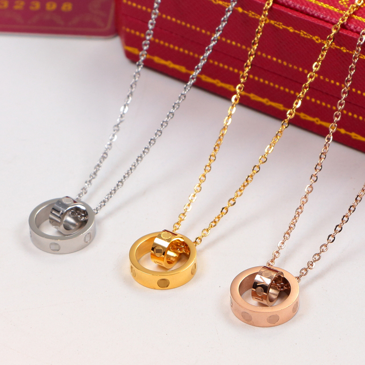 Luxury Necklace for Women Designer CZ Jewelry 45cm LOVE Dual Circle Pendant Rose Gold Silver Color Vintage Collar Costume Jewelry with box-image-763335723