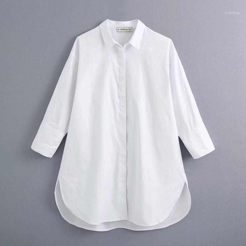 

Flabbit Women Fashion Long Sleeve Buttons Loose Asymmetry White Blouse Vintage Side Vents Female Shirts Blusas Chic Tops LX1201 Women's Blou, As pic