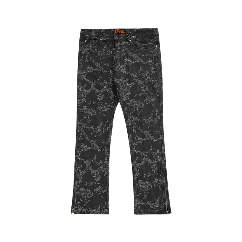 

Ankle Zipper Washed Snowflake Print Pockets Jeans Pants for Male and Female Baggy Denim Trousers