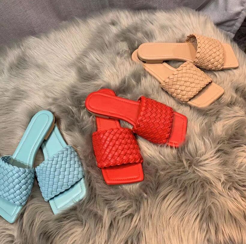 

High Quality PU Leather Weave Slippers Designer Shoes Women's Fashion Solid Color Soft-Soled Sandals Slipper Outdoor Leisure Square Head Sandbeach Sandal, Red