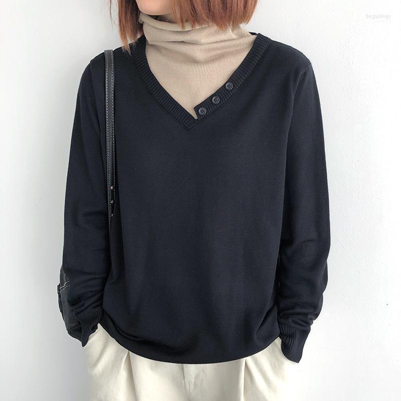 

Women's Sweaters Women Sweater Turtleneck Knit Pullovers 2022 Fake Two Contrast Color Loose Long Sleeve Fashion Ladies Knitwear Female Begu2, Black