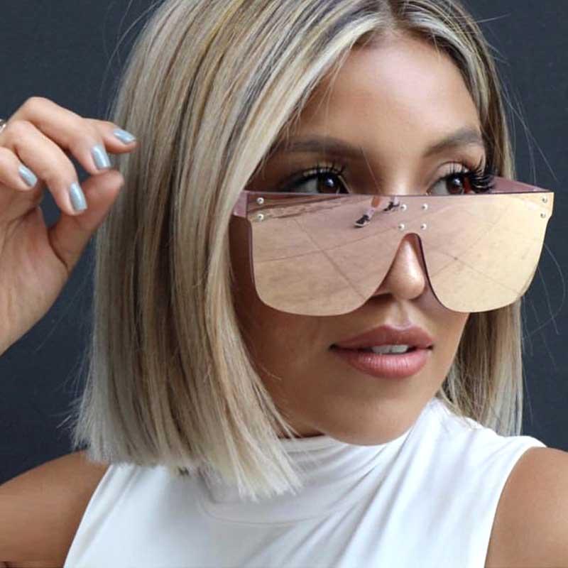 

Sunglasses Fashion Oversized Mirror Women Brand Designer Rivet Flat Top Sun Glasses One Piece Big Frame Pink ShadesSunglasses