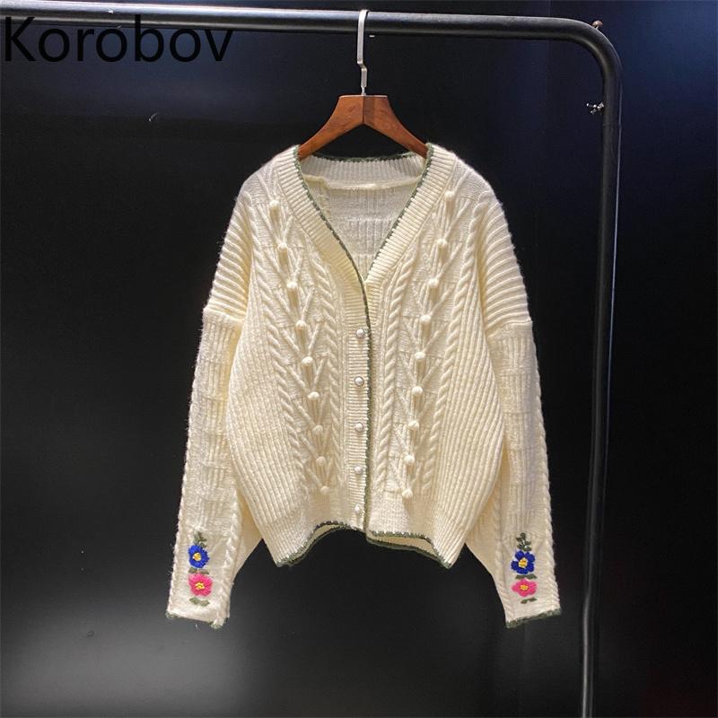 

Women's Knits & Tees Korobov Japanese Style Flower Embroidery Vintage Cardigans Korean Chic V Neck Knit Cardigan Cute Coat, White