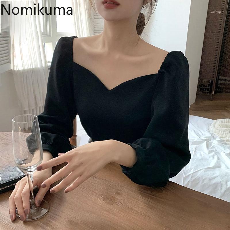 

Women' Blouses & Shirts Nomikuma V Neck Long Sleeve Blouse Women Solid Color Elegant Vintage Chemises Arrival Korean Chic Tops Blusas Mujer, Black