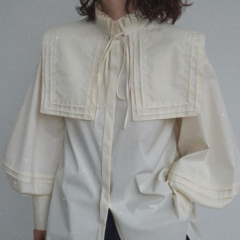 

Women' Blouses & Shirts Spring Japan Style OLelegant Blouse Women Detachable Collar Lace-up Button Up Simple Solid All-match BlusasWomen, Ivory