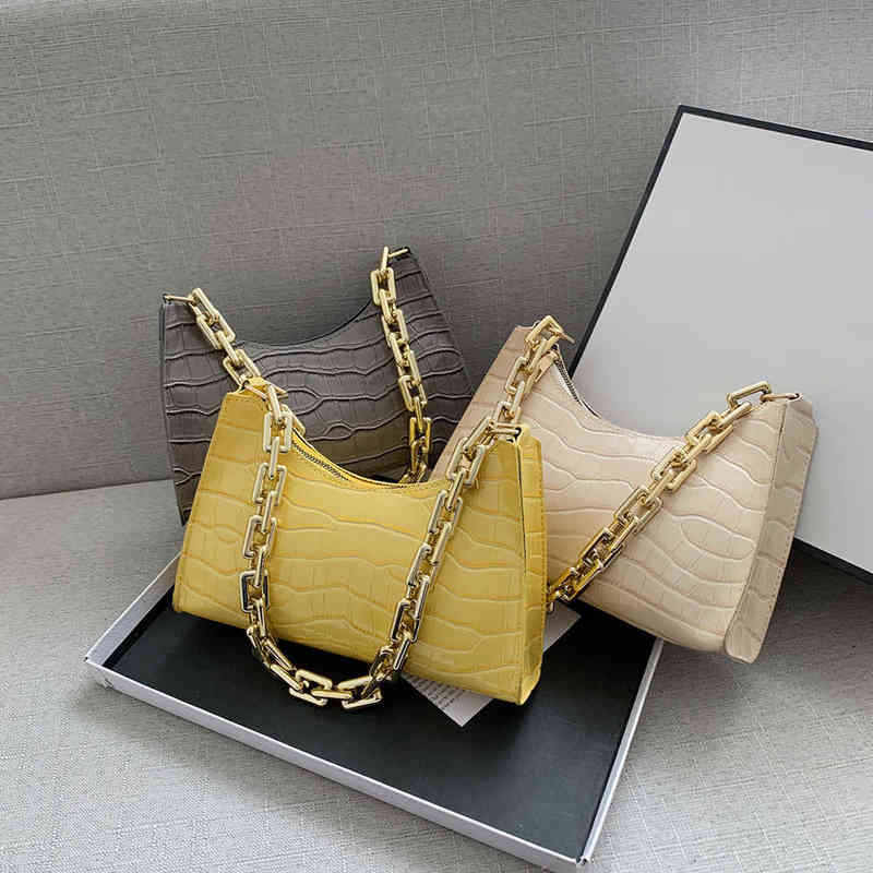 

Evening Bags Fashion Women Alligator Pattern Pu Leather Pure Color Shoulder Underarm Bag Casual Ladies Thick Chain Hobos Handbags 220630, Yellow