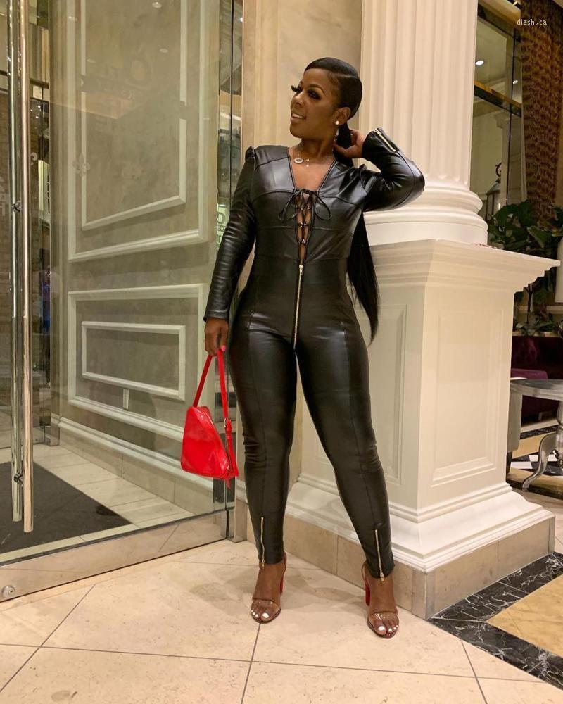 

Women' Jumpsuits & Rompers ADFVAT Sexy Deep V Neck Hollow Out Bandage Women Long Sleeve Solid Color Pu Skinny Romper MOS-M997, Black