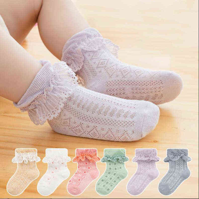 

Children Little Girls Short Tube Socks Fashion Jacquard Breathable Thin Mesh Ruffles Toddler Non-slip Cotton Lace L220716, Green