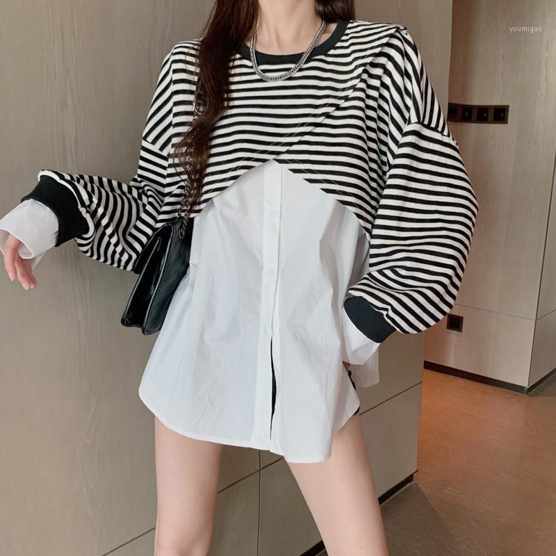 

Women's Blouses & Shirts COIGARSAM Blouse Women Autumn 2022 Fashion Patchwork Striped Long Sleeve Loose O-Neck Stripe Blusas Womens Tops And