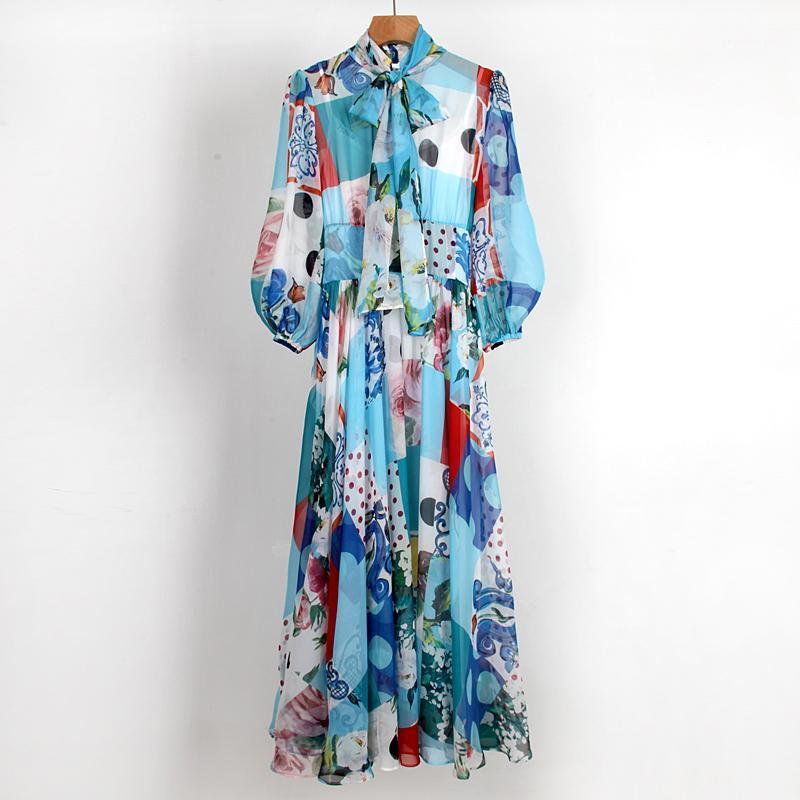 

Casual Dresses Hit Color Print Dress For Women Bowknot Collar Lantern Long Sleeve High Waist A Line Midi Female, Blue