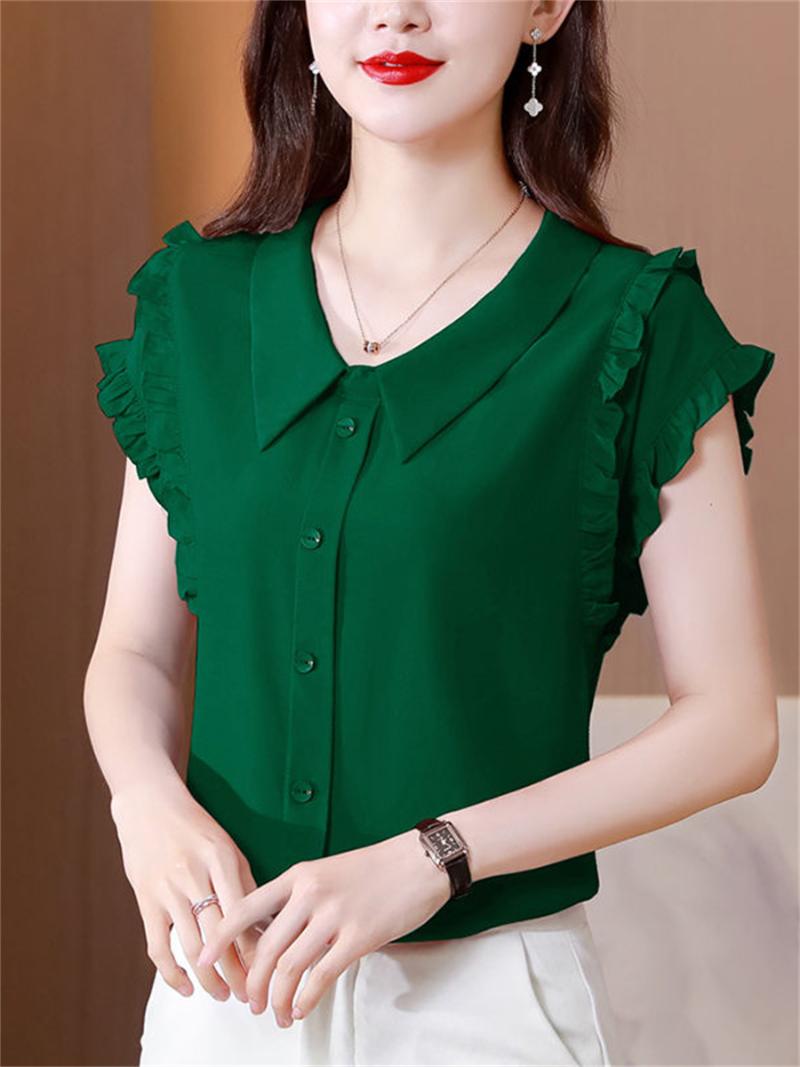 

Women's Blouses & Shirts Women Spring Summer Lady Fashion Casual Short Sleeve Turn-down Collar Solid Color Blusas Tops2295Women's, Green