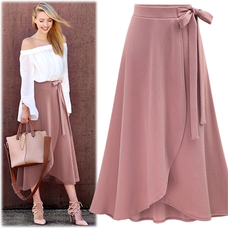 

Summer High Waist Irregular Skirt Women Solid Bow tie Belt Split Maxi Skirts Lady Casual Large Size long Skirt M6XL Y200326, Khaki