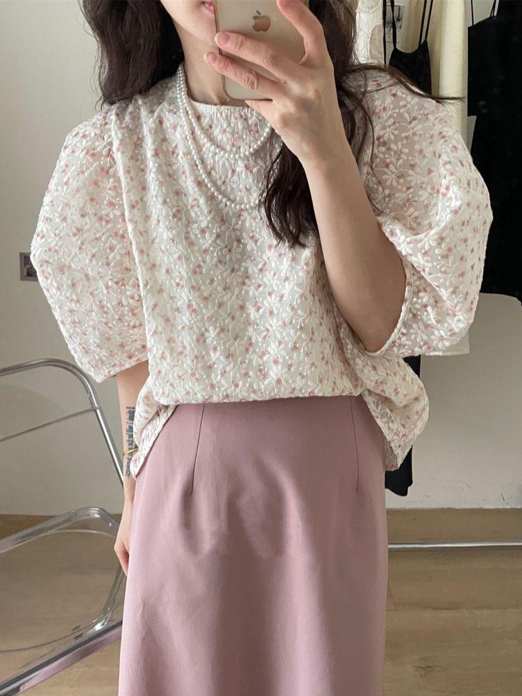 

Women's Blouses & Shirts Alien Kitty Puff Sleeve Embroidery Flowers Women Chic Summer 2022 Fashion All Match High Street OL Work Wear, Pink