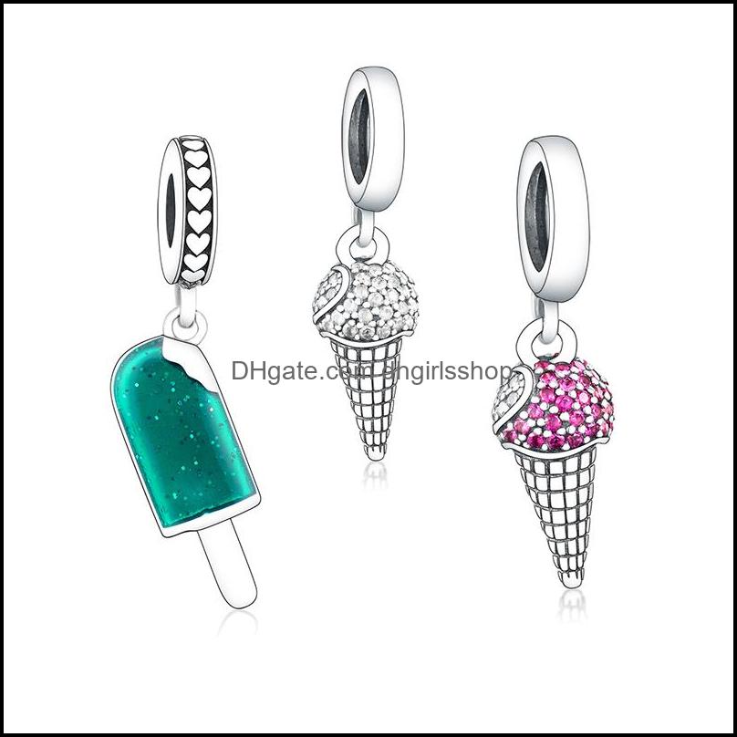 

Sier Loose Beads Jewelry Fit Original Pan Charm Bracelet 925 Sterling Summer Green Enamel Ice Cream Zircon Crystal Bead Penda Dhreu