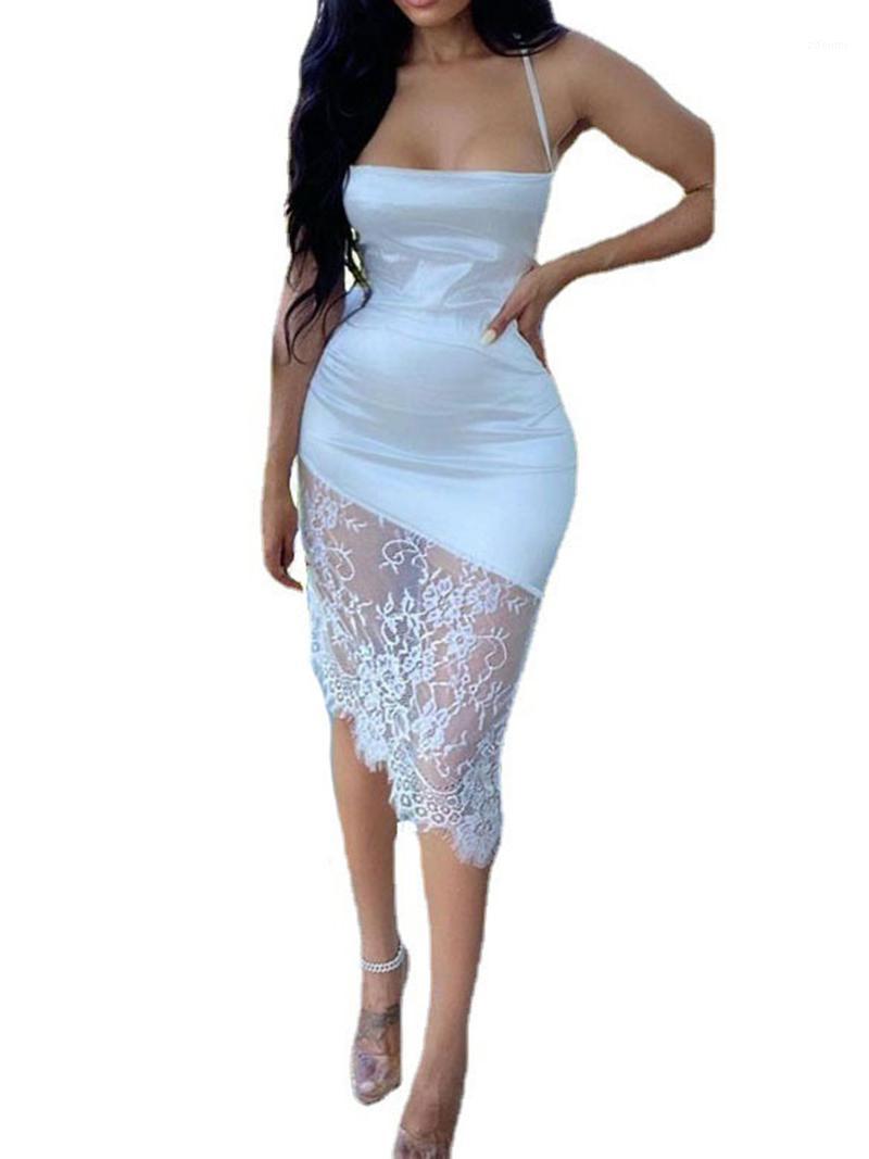 

Casual Dresses 2022 Women Sexy Backless Slip Dress Boat Neck Sleeveless Lace Hem Fashion Style Black/ White