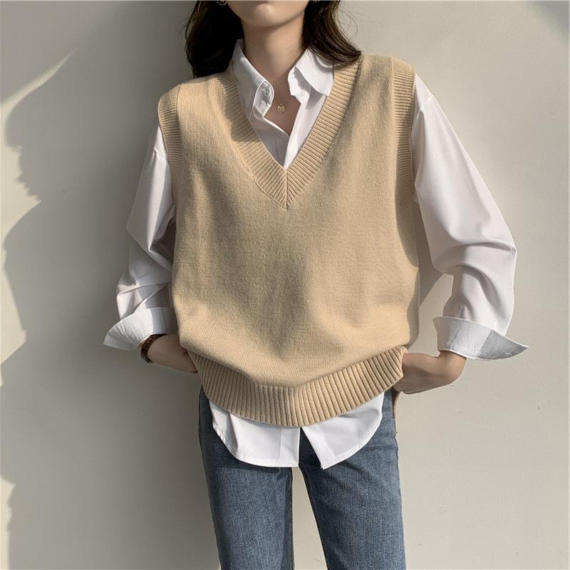 

Clothing Sets 2022 Spring Autumn Girls Sweater Knitted Vest Women Vintage Sleeveless V-neck Female Casual Loose Tank Tops Pullover 3 Colors, Khaki