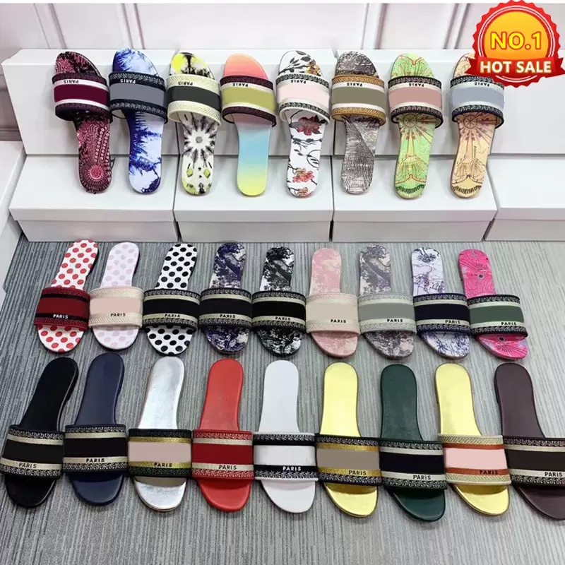 

2023 Women luxury Designer Sandals Slippers Leather Summer Flat Slipper Embroidery fashion beach woman Big head Rainbow letters 35-42