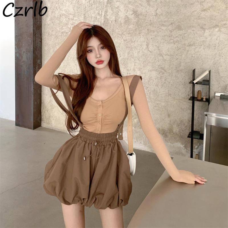 

Women' Tracksuits Sets Women 2 Pieces Outfits Lady Fashion Kawaii Tender Harajuku Clothes Temperament All-match BF Tops And Shorts With Str, Khaki top