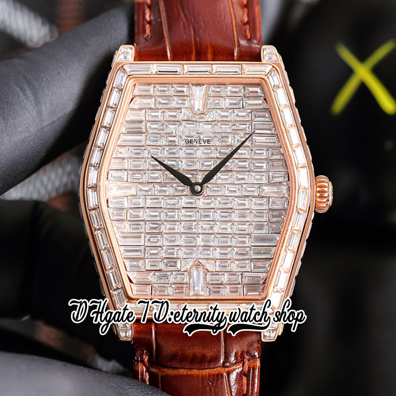 

TWF Malte Paved Baguette Diamonds Dial A21j Automatic Mens Watch Rose Gold Iced Out baguette cut Diamond Bezel Brown Leather Strap Super eternity Jewelry Watches, Watch waterproof production cost