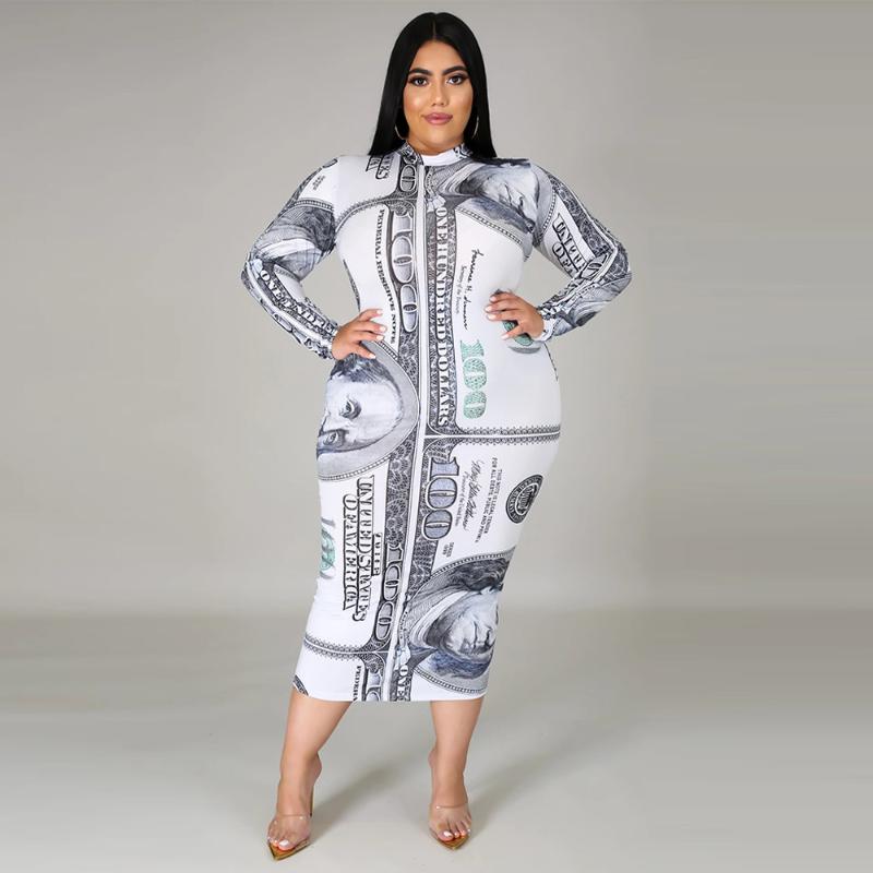 

Plus Size Dresses ZJFZML ZZ Women Clothing Dress 2022 Money Dollar Print Long Sleeve Bodycon Mid Calf Drop Wholesale, White