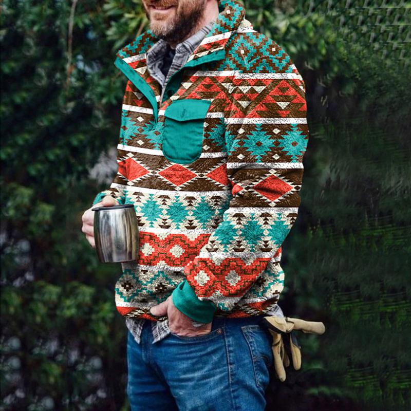 

Men' Hoodies & Sweatshirts Vintage Winter Spring Fleece Pullover Buttons Collar Warm Patchwork Indie Folk Pocket Oversize Streetwear, Blue