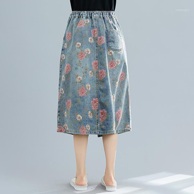 

Summer Female Denim Women Skirts Casual Floral Print High Waist Midi Skirt Mujer DM001, Blue