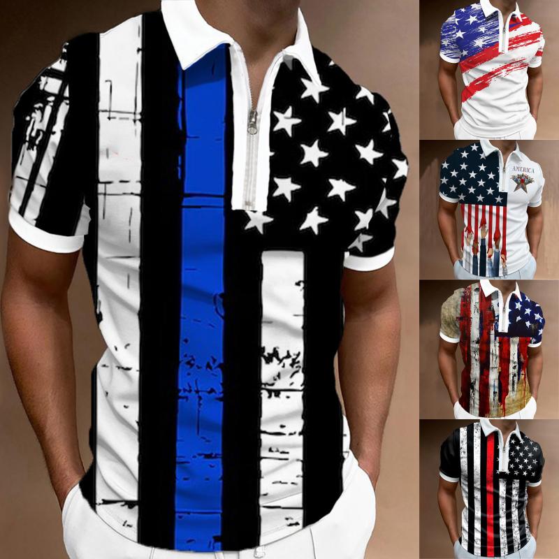 

Men's Polos Male Summer Independence Day Flag Print T Shirt Turn Down Collar Short Sleeve Tops Lady Exercise Top Yoga 8Men's, Blue