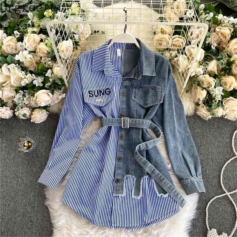 

Spring Autumn Women's Color Contrast Patchwork Denim Shirt Lapel Letter Print Single-breasted Long Blouse Women 210602, Blue