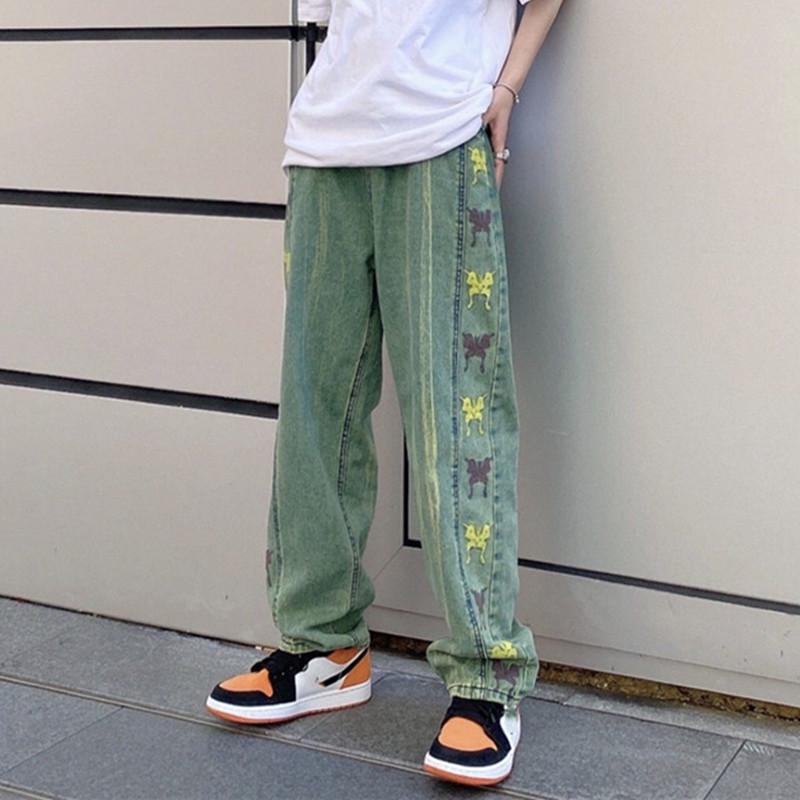 

Men' Jeans Arrivals Butterfly Embroidery Vintage Green Men Baggy Trousers Hip Hop Straight Women Wide Denim Pants Pantalon Homme