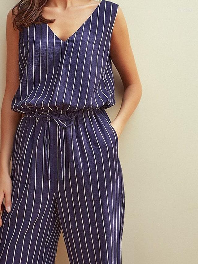 

Wide Brim Hats Women's Jumpsuit Striped V Neck Casual Daily Regular Fit Sleeveless Green Blue White S M L SummerWide