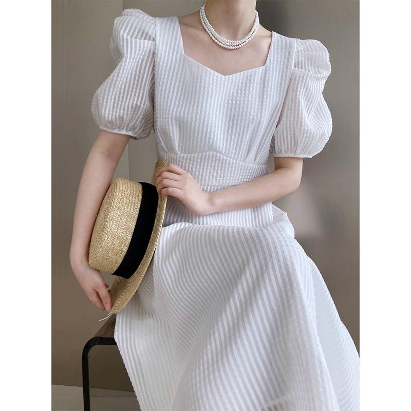 

Party Dresses Puff Sleeves Slim Waist Dress Women Square Collar Summer Temperament Robe Femme Large Swing Black Vestidos De MujerParty, White