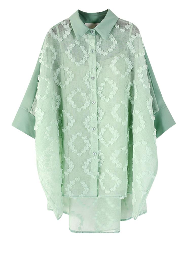 

Women's Blouses & Shirts Women Green Irregular Big Size Perspective Blouse Lapel Long Sleeve Loose Fit Shirt Fashion Spring Autumn 2022 M446