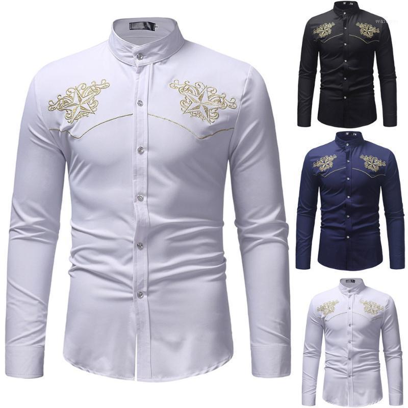 

Men' Casual Shirts 2022 Mens Autumn Winter Fashion Embroidered Long Sleeve Stand Collar Shirt Top Blouse Daily,Casual Size ,M,L,XL, Black
