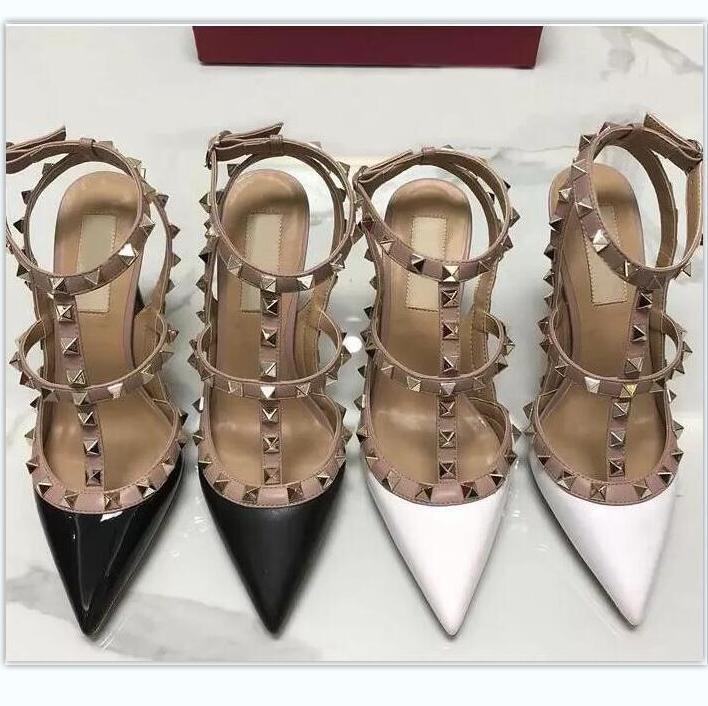 

Brand Women Pumps Wedding Shoes High Heels Rivets Sandals 6cm 8cm 10cm Fashion Ankle Straps Sexy Bridal Shoe 34-44 with dust bag, White shiny