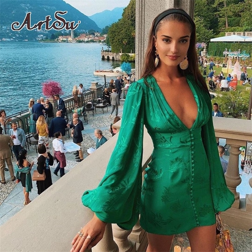 

ArtSu Women s Satin Dresses Green Gold Deep V Neck Botton Lantern Sleeve Mini Dress Sexy Female Party Club Autumn 60551 220613