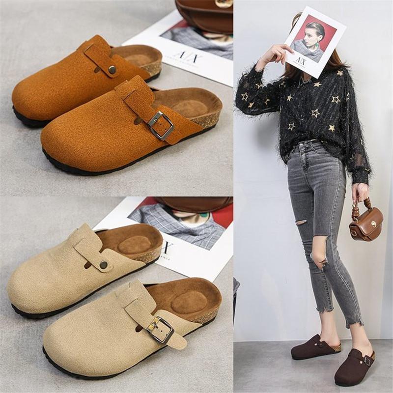 

Slippers Fashion Women Suede Wedges Heel Cork Mules Platform Clog Non Slip Sole Buckle Outdoor Home ShoesSlippers, Beige