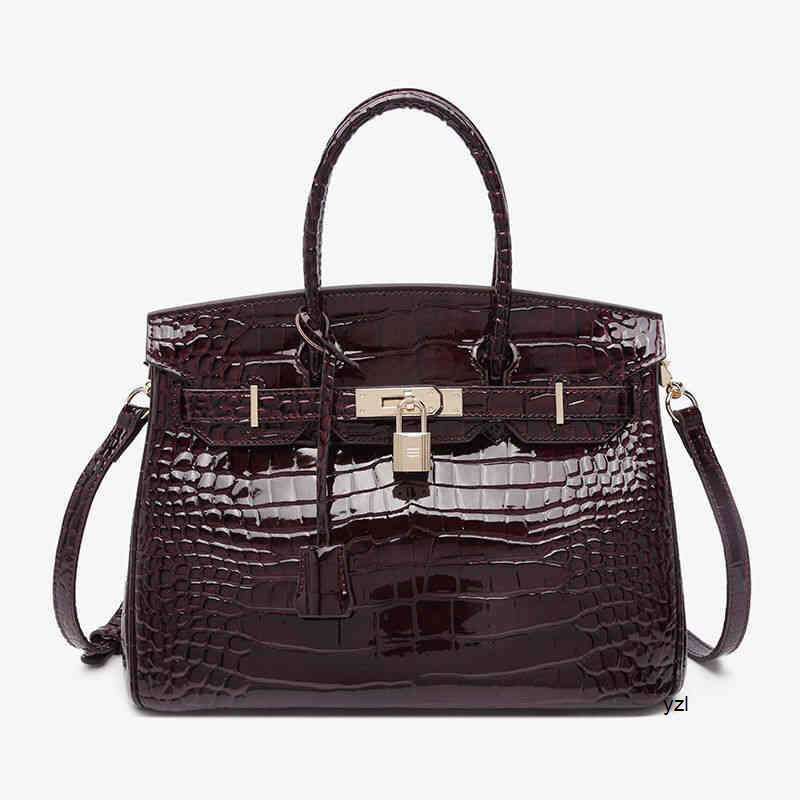 

Women Totes Shoulder Herme Birkins Yuan Bag Custom Grape Purple Leather Crocodile 2021 New First Layer Cowhide One Portable Messenger Platinum Yzl Luxurys Bags, Black semi hand made