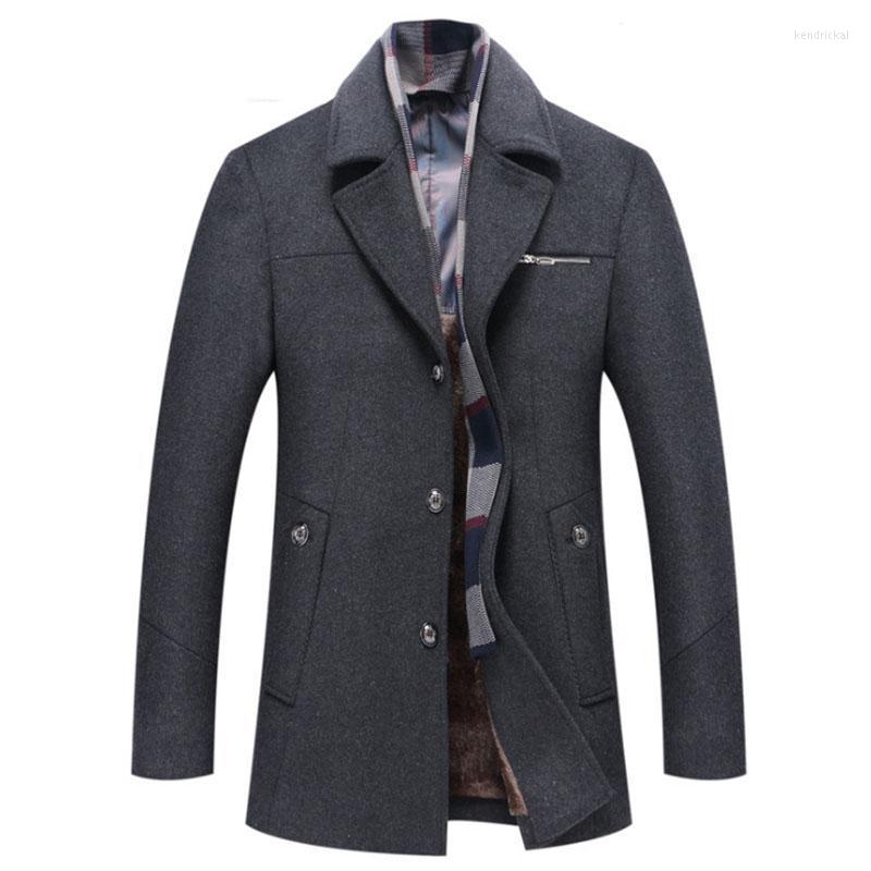 

Men's Wool & Blends Autumn Winter Mens Woolen Coat Scarf Collar Fleece Jacket Coats Fashion Solid Color Male Trench Overcoats Kend22, Gray