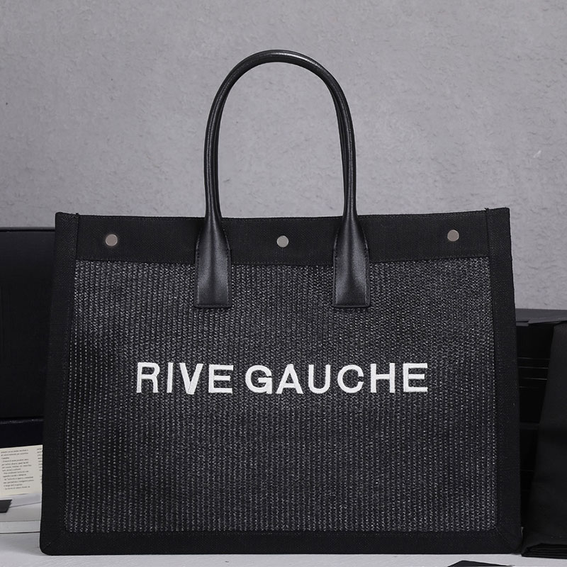 

Top Quality Rive Gauche Handbags Tote Shopping Bag Canvas Leather Embroidered Letters Snap Fastener Large Capacity Pocket Women Summer Woven Beach Bags