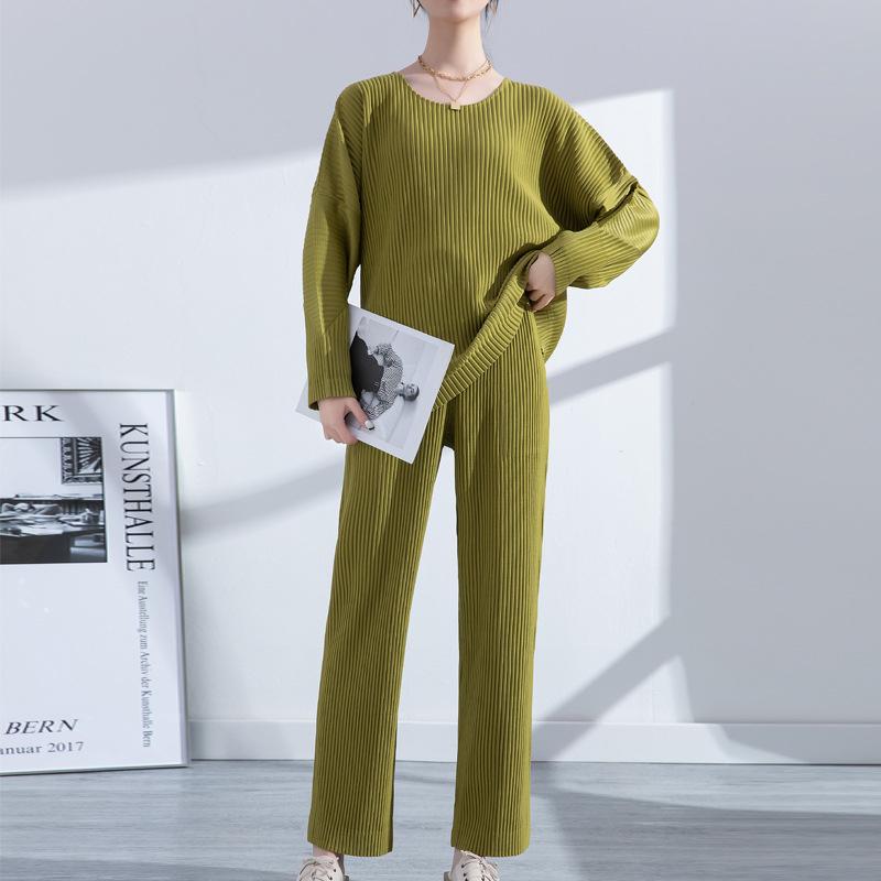 

Women's Two Piece Pants Miyake Pleated Women Top Set Loose Shirt Long Sleeve Blouses Straight Trousers Suit For Female Woman Summer SpringWo, Green