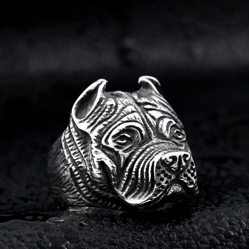 

Men's Vintage Stainless Steel Ring Viking Pitbull Bulldog Gothic Pug Dog Head Totem Amulet Punk Animal Jewellery for Men Boys261z