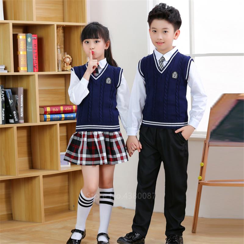 

Clothing Sets Kid Japanese British Style School Uniforms Boy Girl Navy Cotton Plaid Skirt Student Class Outfit Kindergarten Stage Set, Vest 1