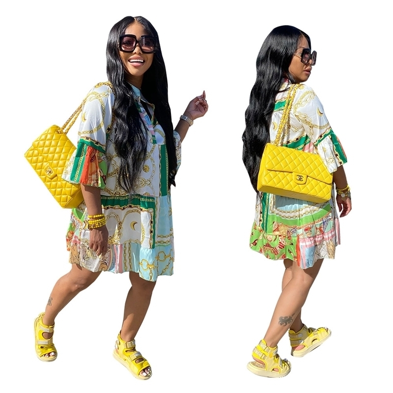 

Womens Dresses Plus Size Designer Clothing Summer and Spring Open Chest Loose Skirt Gold Chain Printed Shirt Dress, Color1