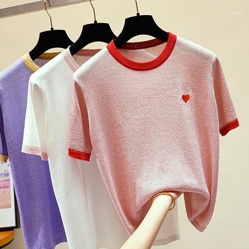 

Women's T-Shirt HLBCBG Lurex Glitter Women Summer T Shirt Knitted Casual Short Sleeves Top O-Neck Slim Kintwear Basic Female, Pink