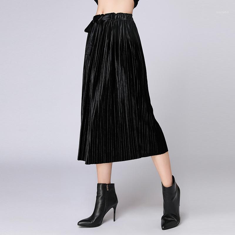 

Skirts Large Size Ladies' Fat MM Autumn Fashion Pleated Lace-up Casual Skirt Plus Elegant High Range Velvet Black Shirt