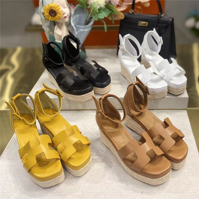 

British Color Design Classic Shoe Type Hand Woven Rope Sandals Hollow Leather Shoes Wedge Heels Womens Shoes Size 35-41, Black
