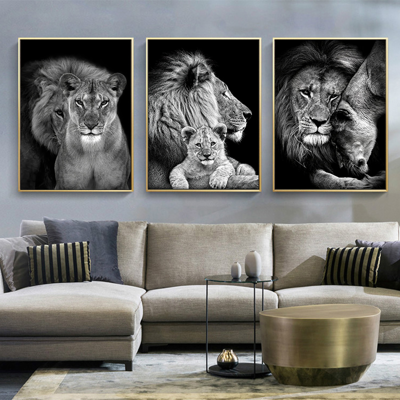 Dipinti ad olio di leone bianco nero su poster di tela e stampe foto di arte animale moderna per il soggiorno decorazioni per la casa cuadros