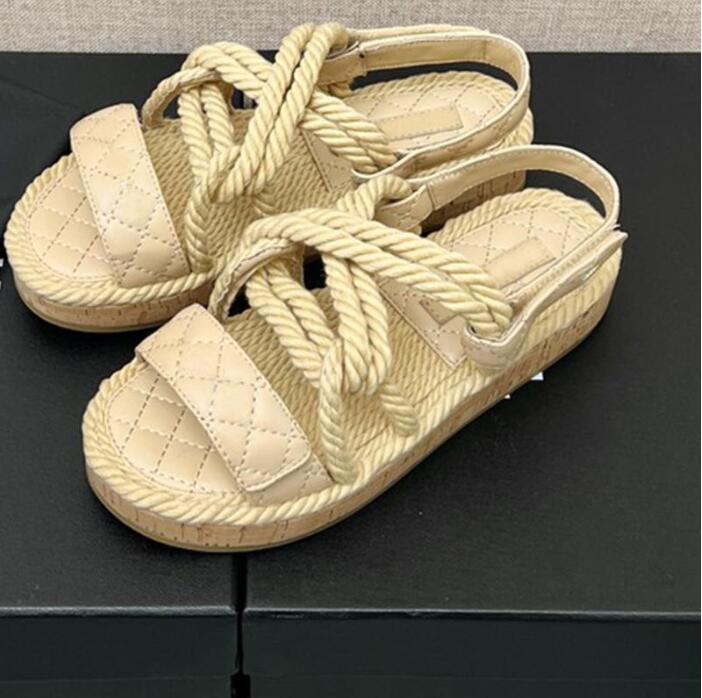 

2022 New Hemp Rope Velcro Summer Shoes Ladies Sandals Fashion High Quality Sandals Flat Open Toe Roman Sandals, 10