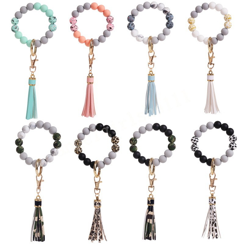 

Silicone Bracelet Keychains Tassel Bead Bangle Keyring Leopard Women Sports Bracelets Fashion Jewelry 8 Designs Optional Wholesale, Mixed color